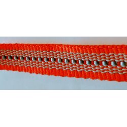 ANTI-SLIP "REFLEKSLINE" MED S&Oslash;LV-FARVET REFLEKSTSTRIBE "DOGSPORT" DELUXE MODEL MED SPECIAL H&Aring;NDSTOP AF 20MM GUMMIBELAGT WEBBINGB&Aring;ND MED S&Oslash;LVFARVET KARABIN - NEONORANGE/REFLEKS-STRIBE.